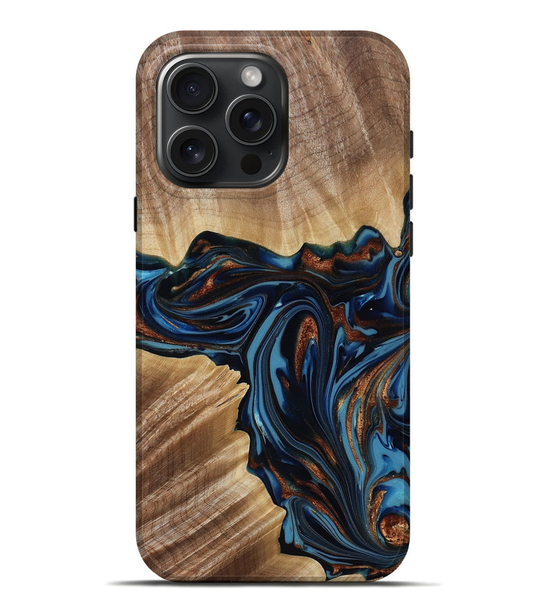 iPhone 16 Pro Max Wood Live Edge Phone Case - Noelle (Teal & Gold, 817903)