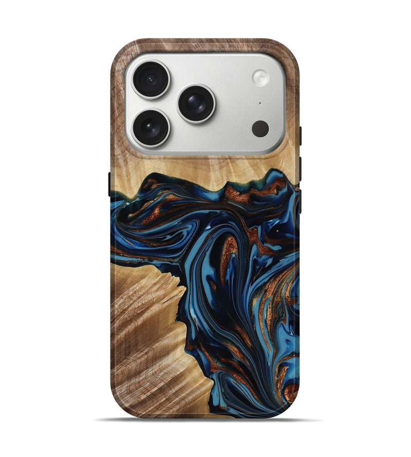 iPhone 17 Pro Wood Live Edge Phone Case - Noelle (Teal & Gold, 817903)