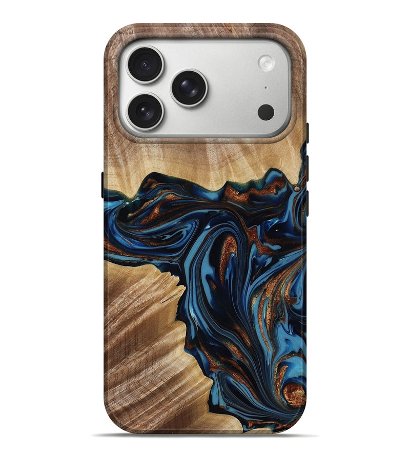 iPhone 17 Pro Max Wood Live Edge Phone Case - Noelle (Teal & Gold, 817903)