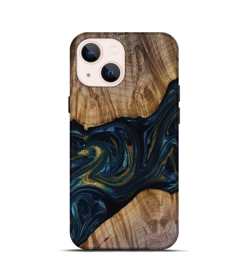 iPhone 13 mini Wood Live Edge Phone Case - Keyla (Teal & Gold, 817910)