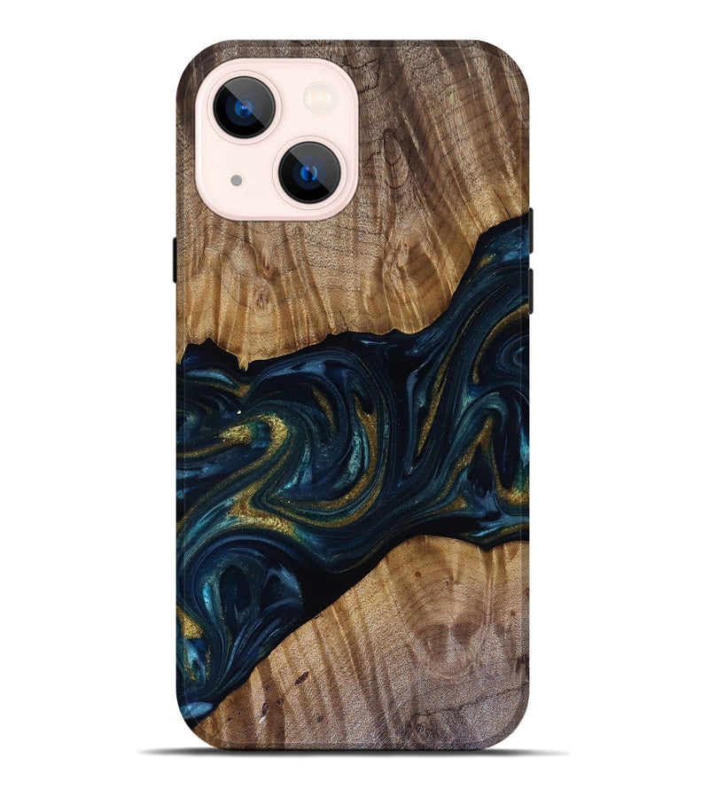 iPhone 14 Plus Wood Live Edge Phone Case - Keyla (Teal & Gold, 817910)