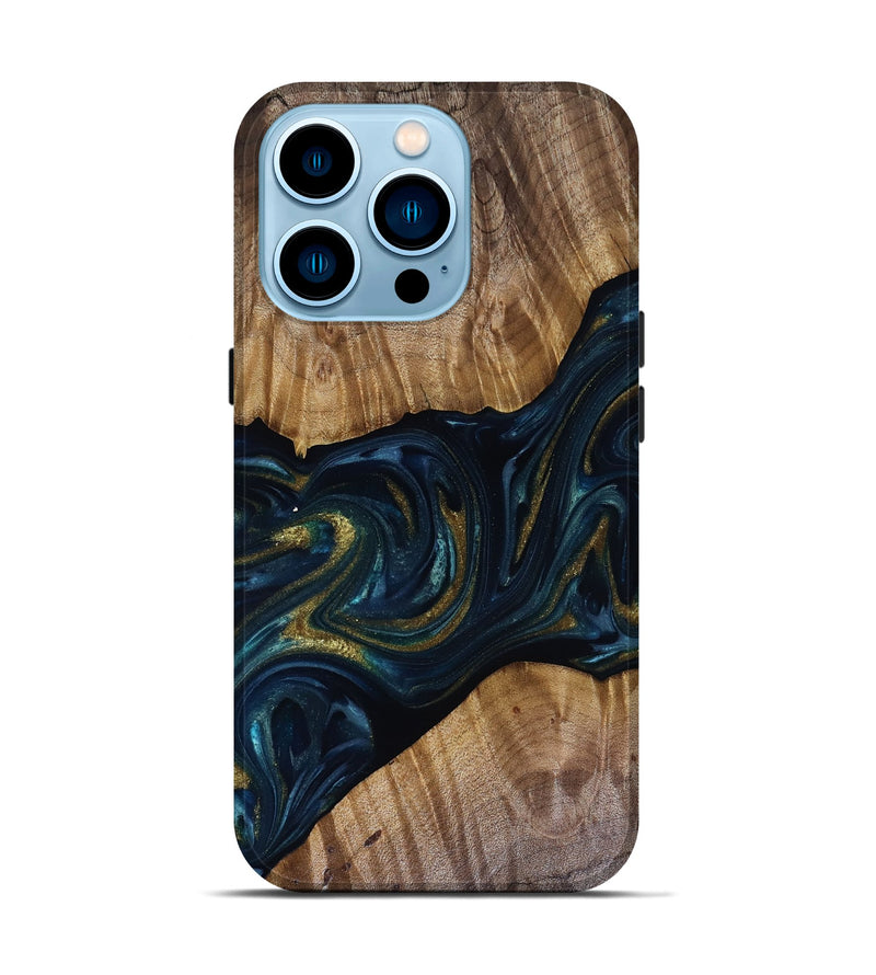iPhone 14 Pro Wood Live Edge Phone Case - Keyla (Teal & Gold, 817910)
