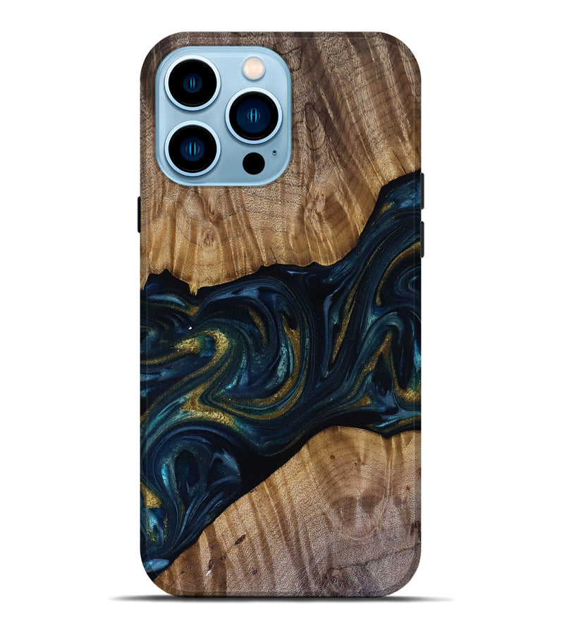 iPhone 14 Pro Max Wood Live Edge Phone Case - Keyla (Teal & Gold, 817910)