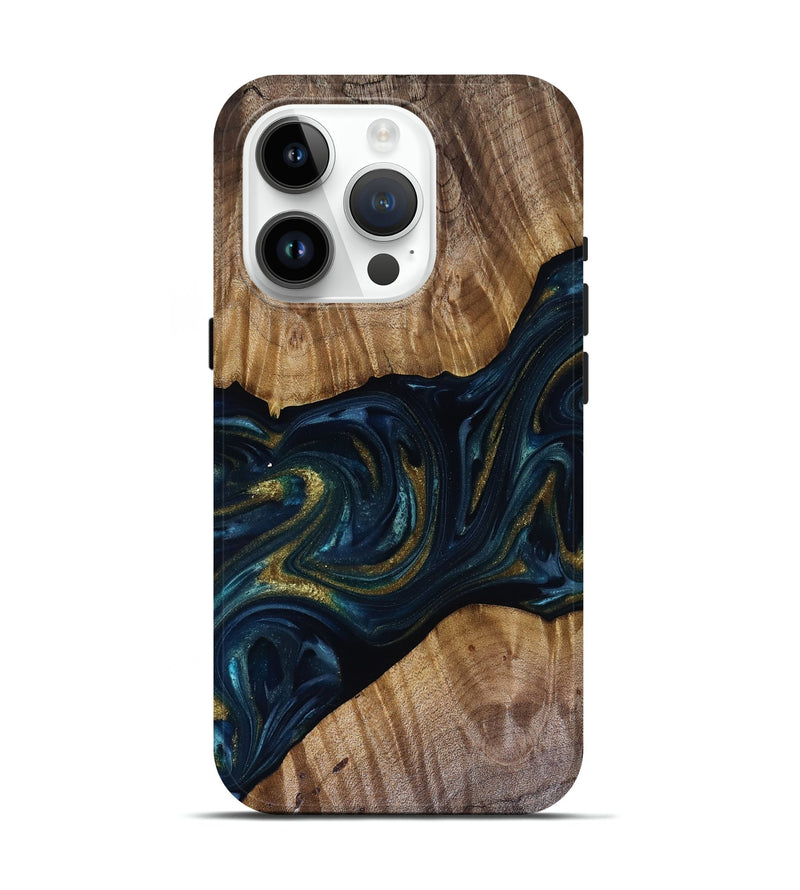 iPhone 15 Pro Wood Live Edge Phone Case - Keyla (Teal & Gold, 817910)
