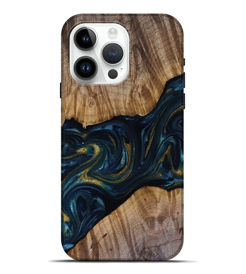 iPhone 15 Pro Max Wood Live Edge Phone Case - Keyla (Teal & Gold, 817910)