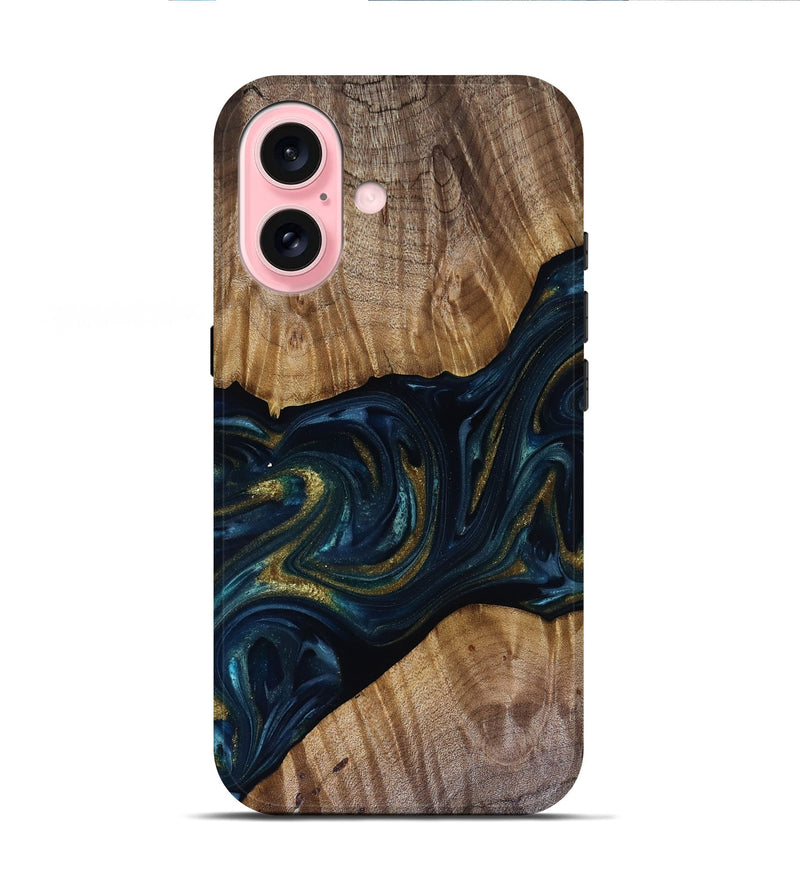 iPhone 16 Wood Live Edge Phone Case - Keyla (Teal & Gold, 817910)
