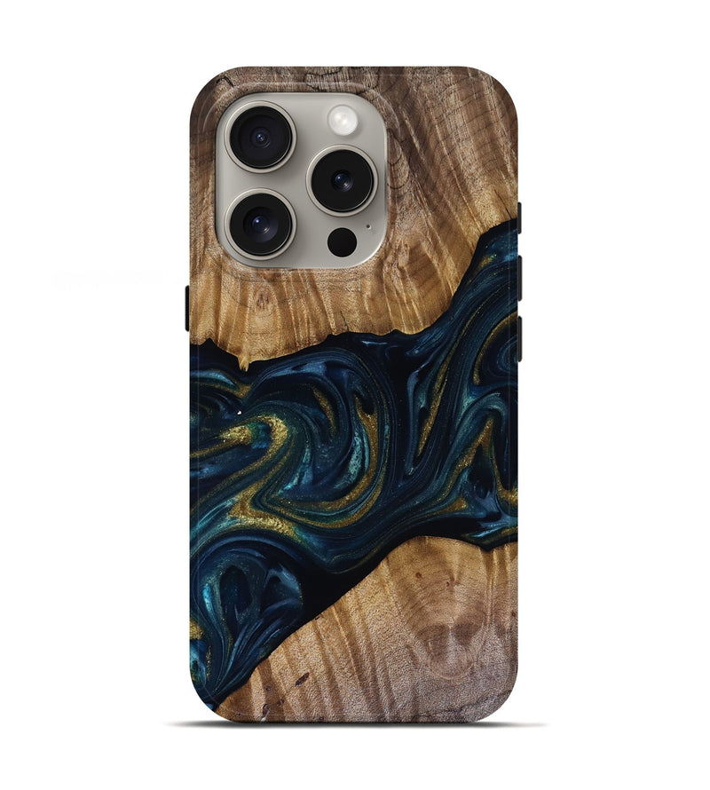 iPhone 16 Pro Wood Live Edge Phone Case - Keyla (Teal & Gold, 817910)