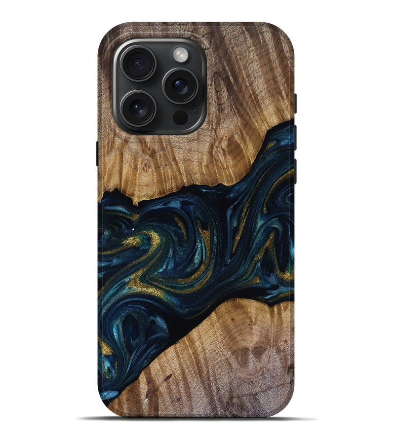 iPhone 16 Pro Max Wood Live Edge Phone Case - Keyla (Teal & Gold, 817910)