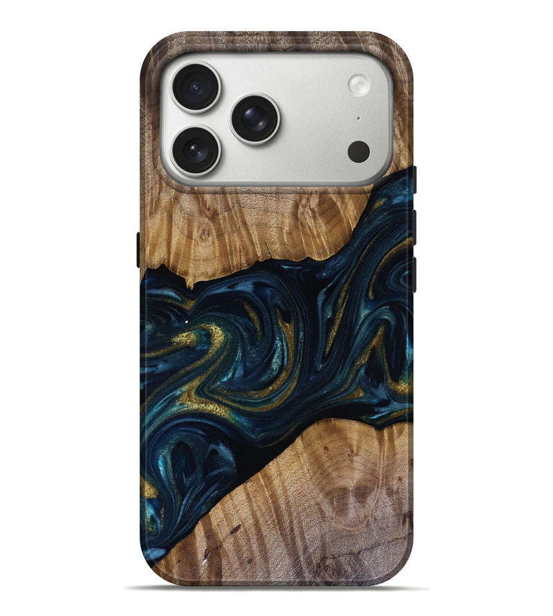 iPhone 17 Pro Max Wood Live Edge Phone Case - Keyla (Teal & Gold, 817910)