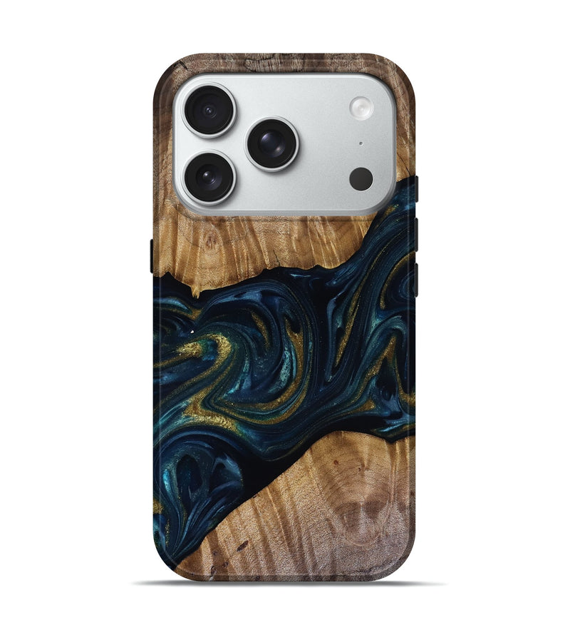iPhone 18 Pro Wood Live Edge Phone Case - Keyla (Teal & Gold, 817910)