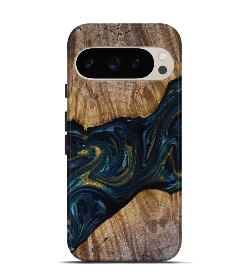 Pixel 9 Pro Wood Live Edge Phone Case - Keyla (Teal & Gold, 817910)