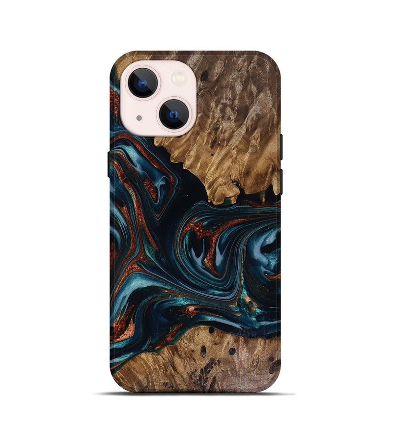 iPhone 13 mini Wood Live Edge Phone Case - Marsha (Teal & Gold, 817914)