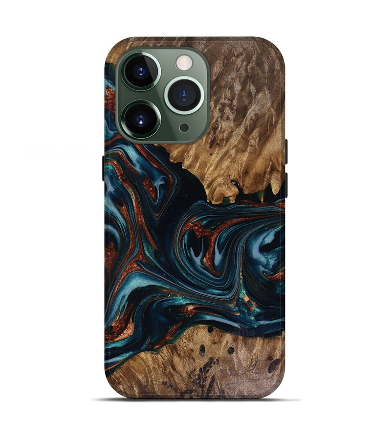 iPhone 13 Pro Wood Live Edge Phone Case - Marsha (Teal & Gold, 817914)