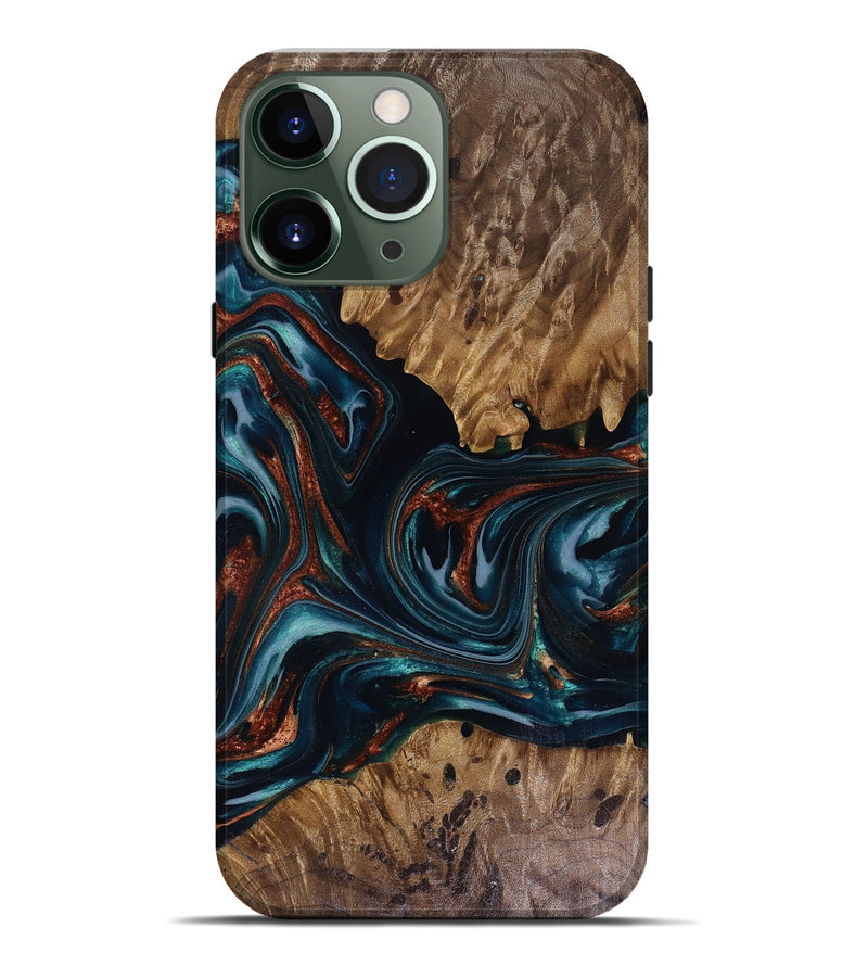 iPhone 13 Pro Max Wood Live Edge Phone Case - Marsha (Teal & Gold, 817914)