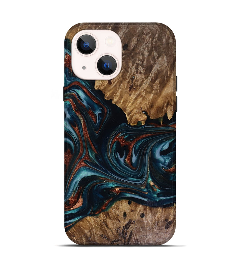 iPhone 14 Wood Live Edge Phone Case - Marsha (Teal & Gold, 817914)