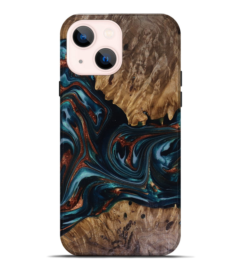 iPhone 14 Plus Wood Live Edge Phone Case - Marsha (Teal & Gold, 817914)