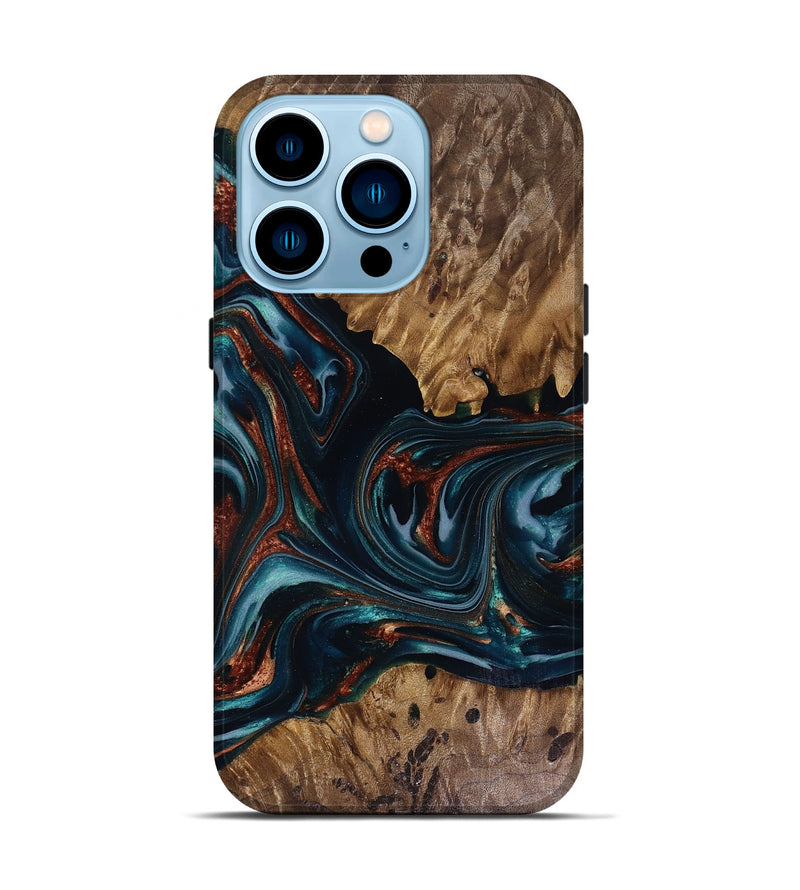 iPhone 14 Pro Wood Live Edge Phone Case - Marsha (Teal & Gold, 817914)