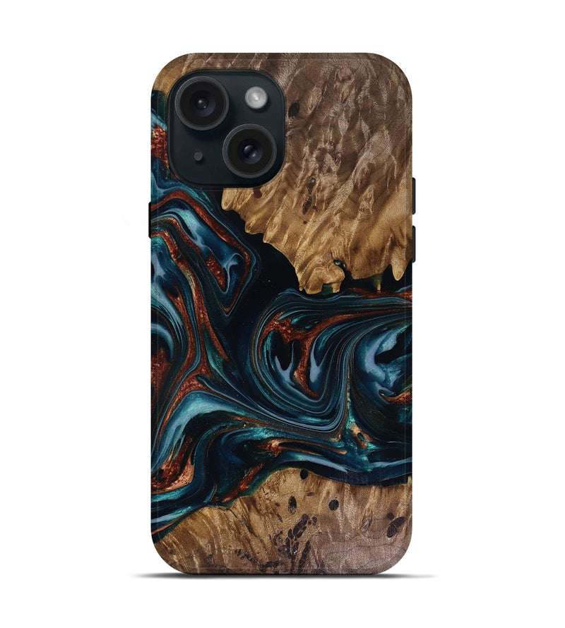 iPhone 15 Wood Live Edge Phone Case - Marsha (Teal & Gold, 817914)