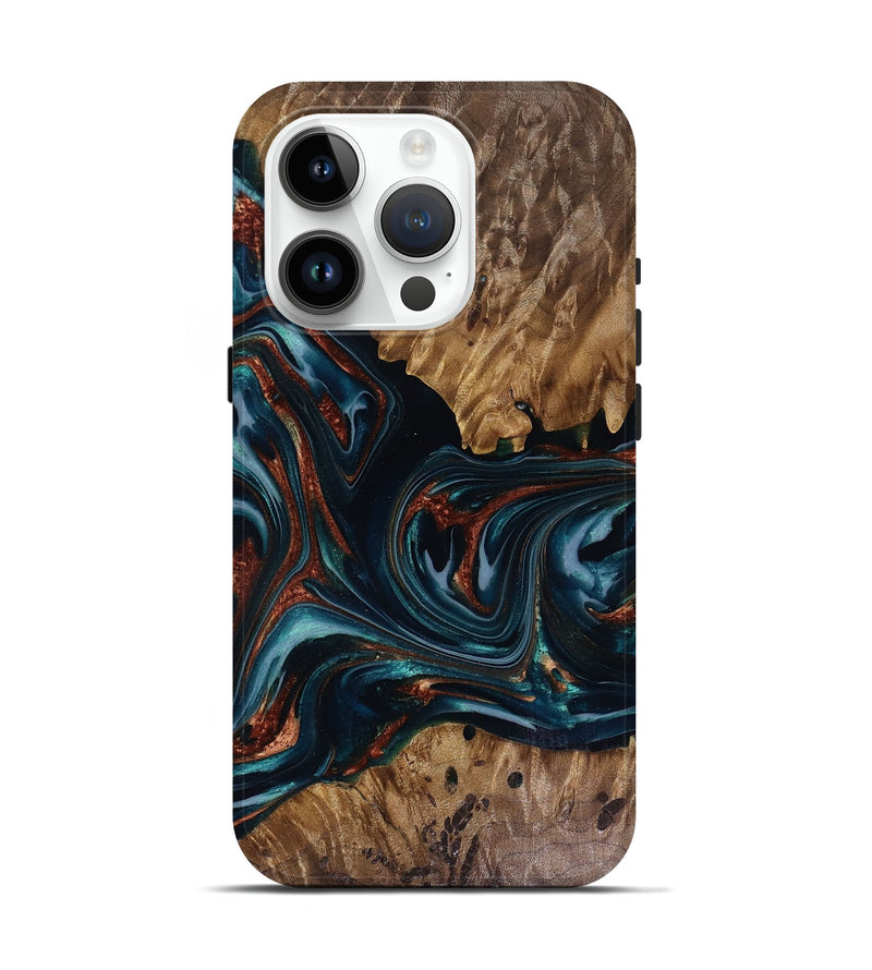 iPhone 15 Pro Wood Live Edge Phone Case - Marsha (Teal & Gold, 817914)