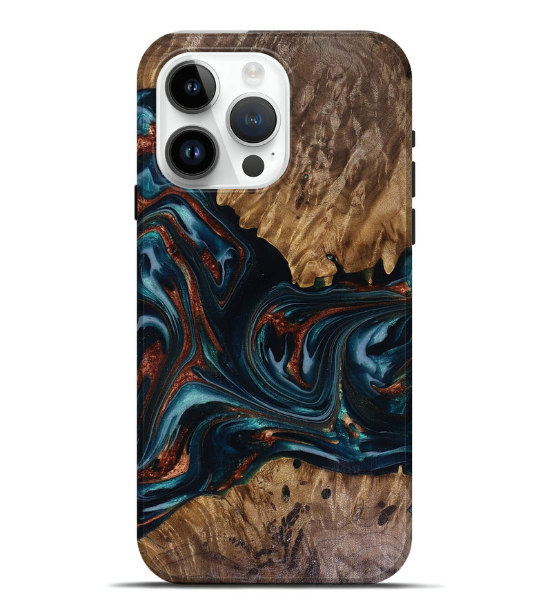 iPhone 15 Pro Max Wood Live Edge Phone Case - Marsha (Teal & Gold, 817914)