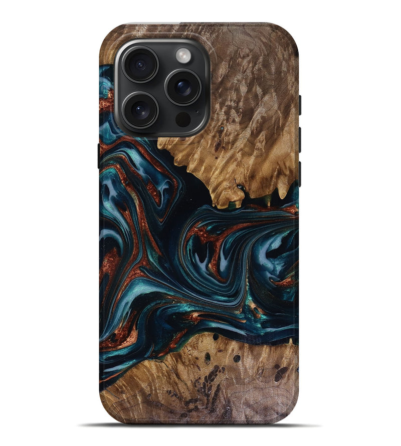 iPhone 16 Pro Max Wood Live Edge Phone Case - Marsha (Teal & Gold, 817914)