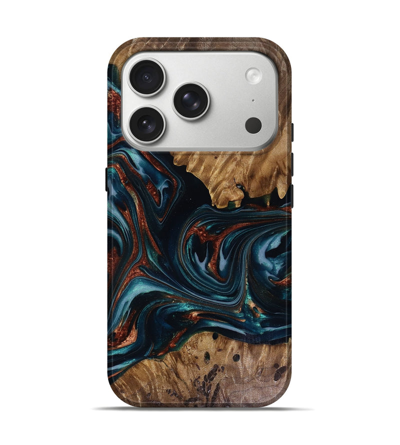 iPhone 17 Pro Wood Live Edge Phone Case - Marsha (Teal & Gold, 817914)