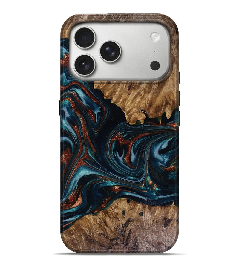 iPhone 17 Pro Max Wood Live Edge Phone Case - Marsha (Teal & Gold, 817914)