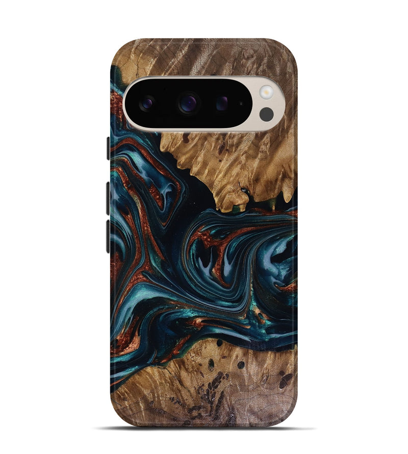 Pixel 9 Pro Wood Live Edge Phone Case - Marsha (Teal & Gold, 817914)