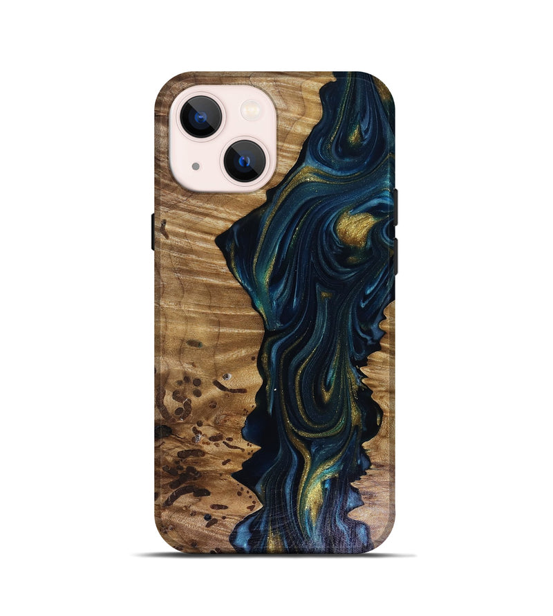 iPhone 13 mini Wood Live Edge Phone Case - Odie (Teal & Gold, 817918)