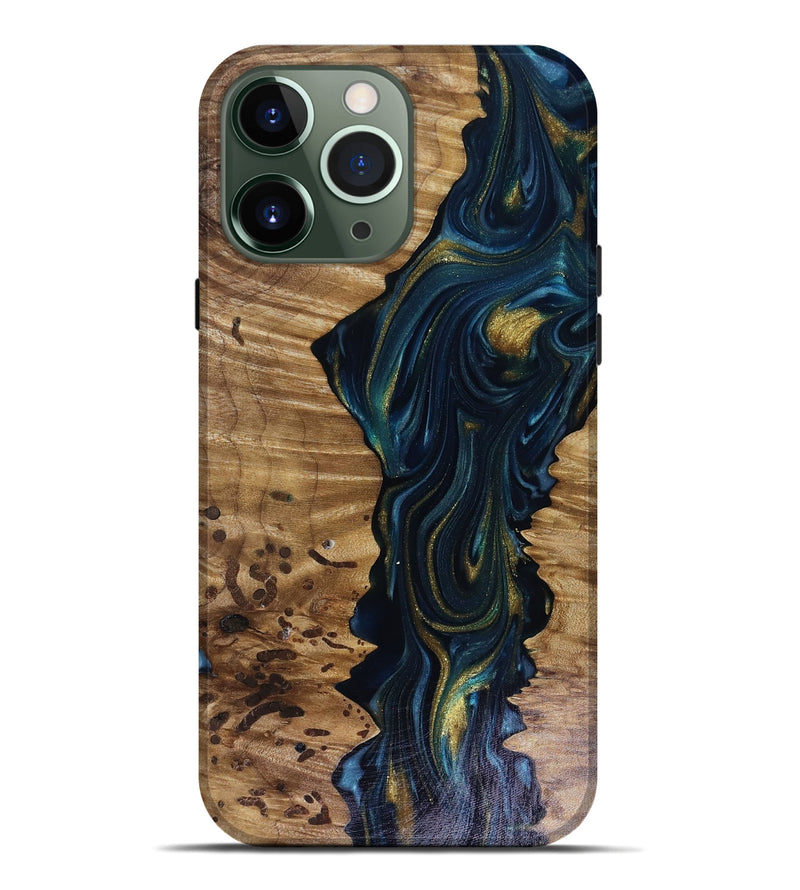 iPhone 13 Pro Max Wood Live Edge Phone Case - Odie (Teal & Gold, 817918)