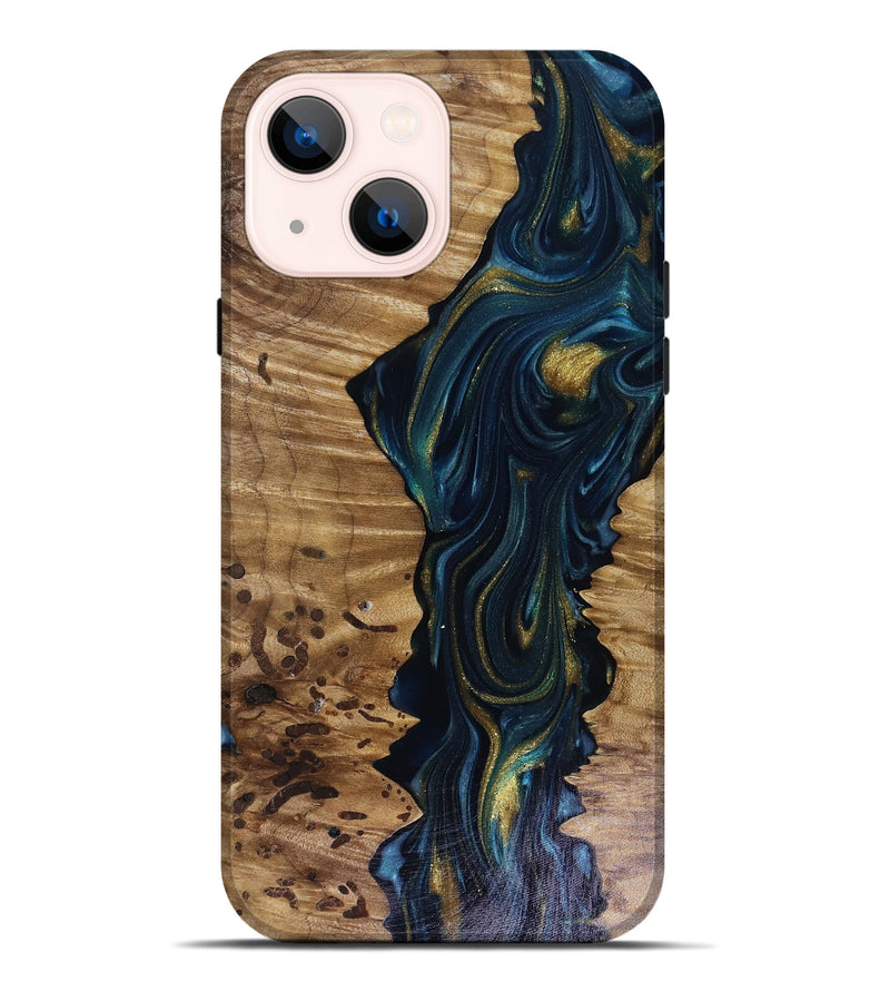 iPhone 14 Plus Wood Live Edge Phone Case - Odie (Teal & Gold, 817918)
