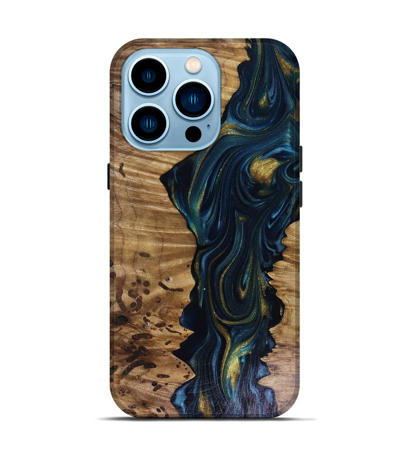 iPhone 14 Pro Wood Live Edge Phone Case - Odie (Teal & Gold, 817918)
