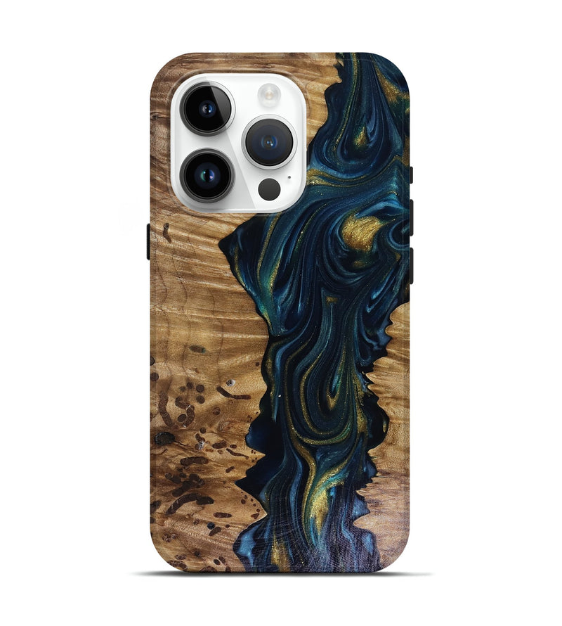 iPhone 15 Pro Wood Live Edge Phone Case - Odie (Teal & Gold, 817918)