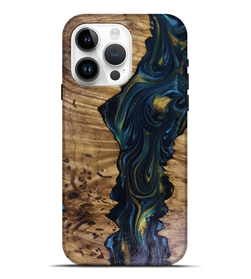 iPhone 15 Pro Max Wood Live Edge Phone Case - Odie (Teal & Gold, 817918)