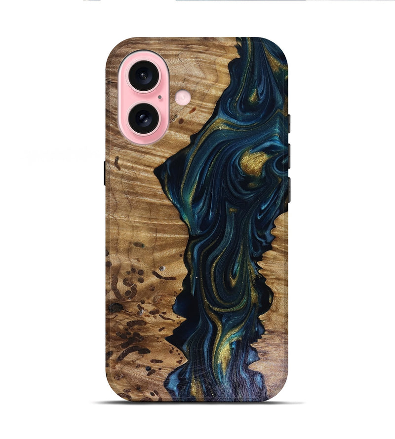 iPhone 16 Wood Live Edge Phone Case - Odie (Teal & Gold, 817918)