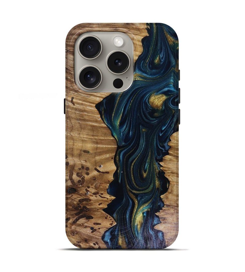 iPhone 16 Pro Wood Live Edge Phone Case - Odie (Teal & Gold, 817918)