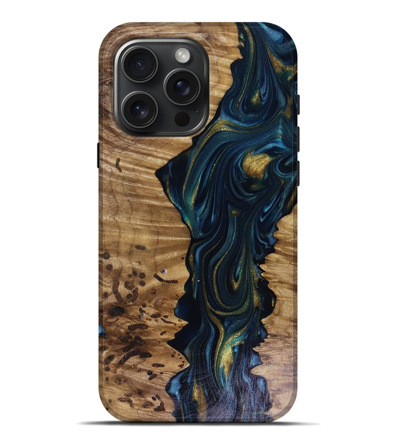 iPhone 16 Pro Max Wood Live Edge Phone Case - Odie (Teal & Gold, 817918)