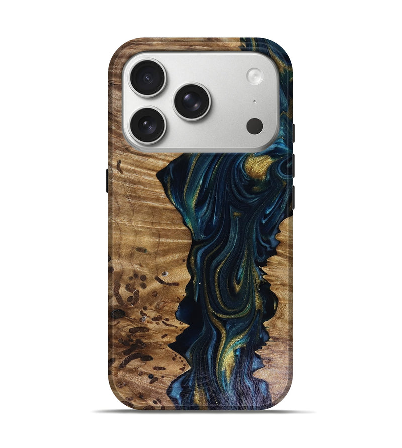 iPhone 17 Pro Wood Live Edge Phone Case - Odie (Teal & Gold, 817918)