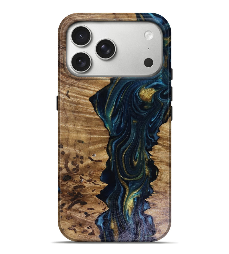 iPhone 17 Pro Max Wood Live Edge Phone Case - Odie (Teal & Gold, 817918)