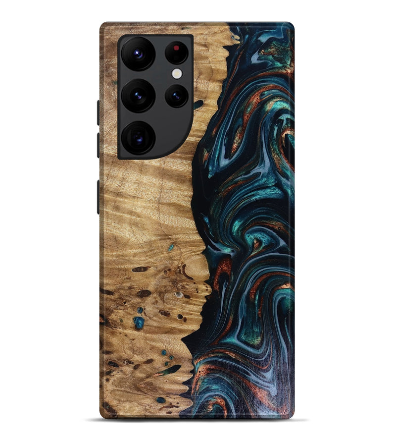 Galaxy S22 Ultra Wood Live Edge Phone Case - Leilany (Teal & Gold, 817921)
