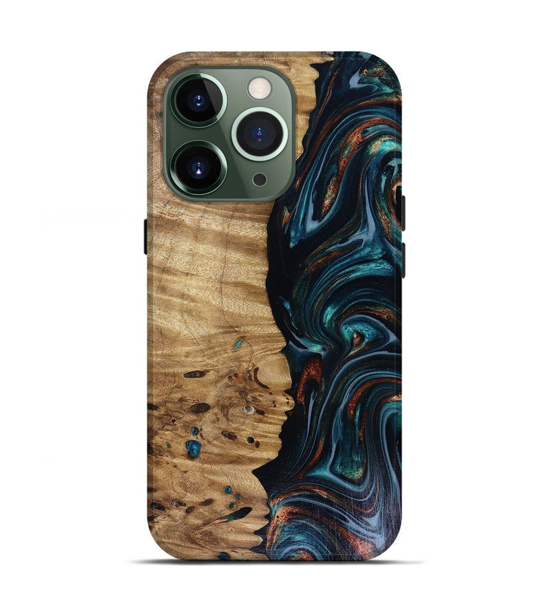 iPhone 13 Pro Wood Live Edge Phone Case - Leilany (Teal & Gold, 817921)