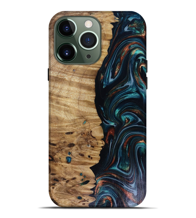 iPhone 13 Pro Max Wood Live Edge Phone Case - Leilany (Teal & Gold, 817921)