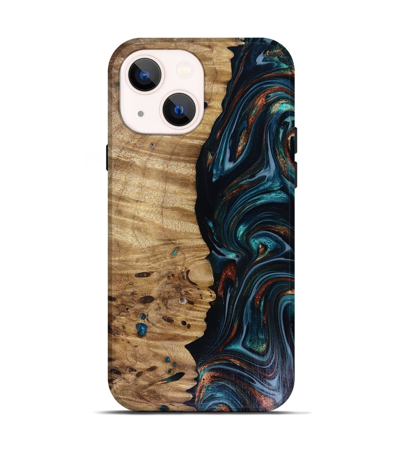 iPhone 14 Wood Live Edge Phone Case - Leilany (Teal & Gold, 817921)