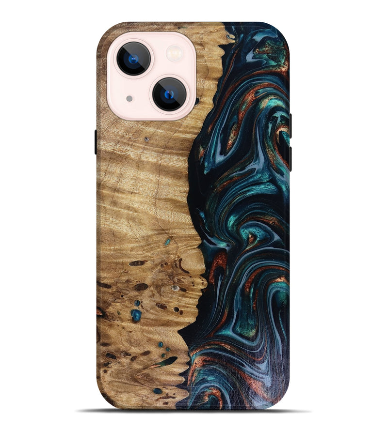iPhone 14 Plus Wood Live Edge Phone Case - Leilany (Teal & Gold, 817921)