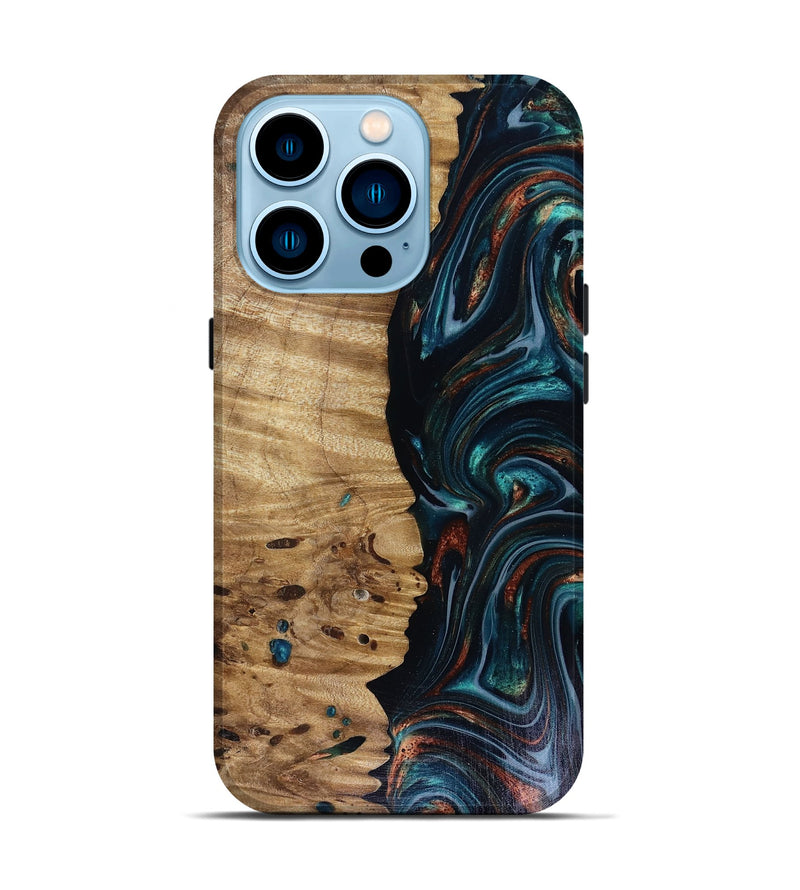 iPhone 14 Pro Wood Live Edge Phone Case - Leilany (Teal & Gold, 817921)