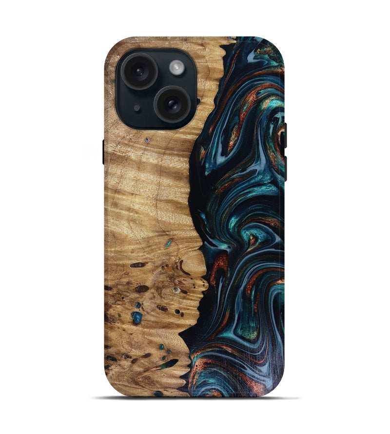 iPhone 15 Wood Live Edge Phone Case - Leilany (Teal & Gold, 817921)