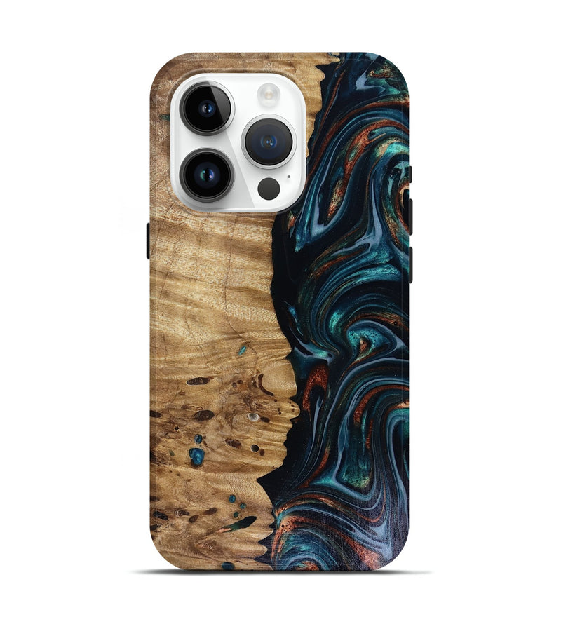 iPhone 15 Pro Wood Live Edge Phone Case - Leilany (Teal & Gold, 817921)