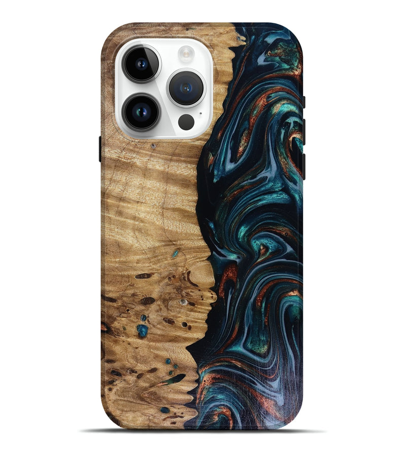 iPhone 15 Pro Max Wood Live Edge Phone Case - Leilany (Teal & Gold, 817921)
