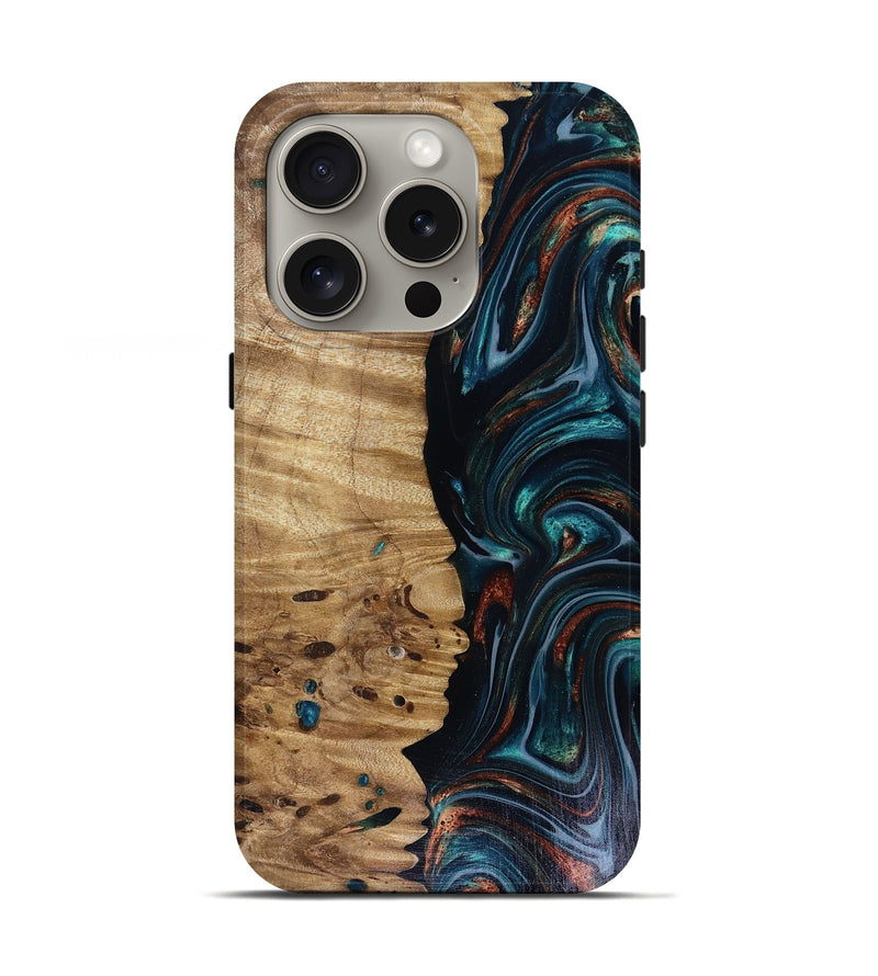iPhone 16 Pro Wood Live Edge Phone Case - Leilany (Teal & Gold, 817921)
