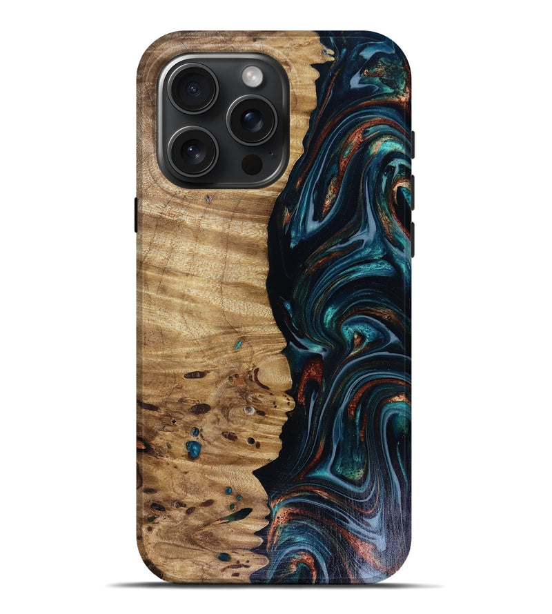 iPhone 16 Pro Max Wood Live Edge Phone Case - Leilany (Teal & Gold, 817921)